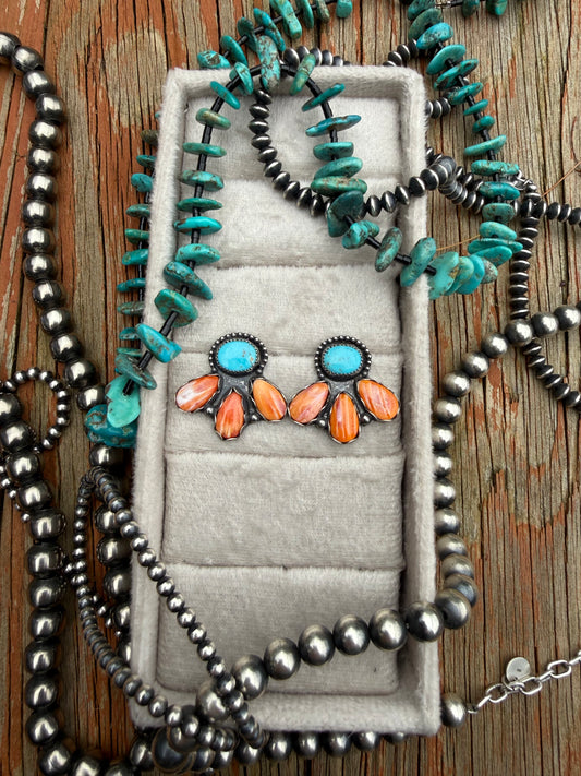 Spiny Oyster & Natural Turquoise Cluster Earrings