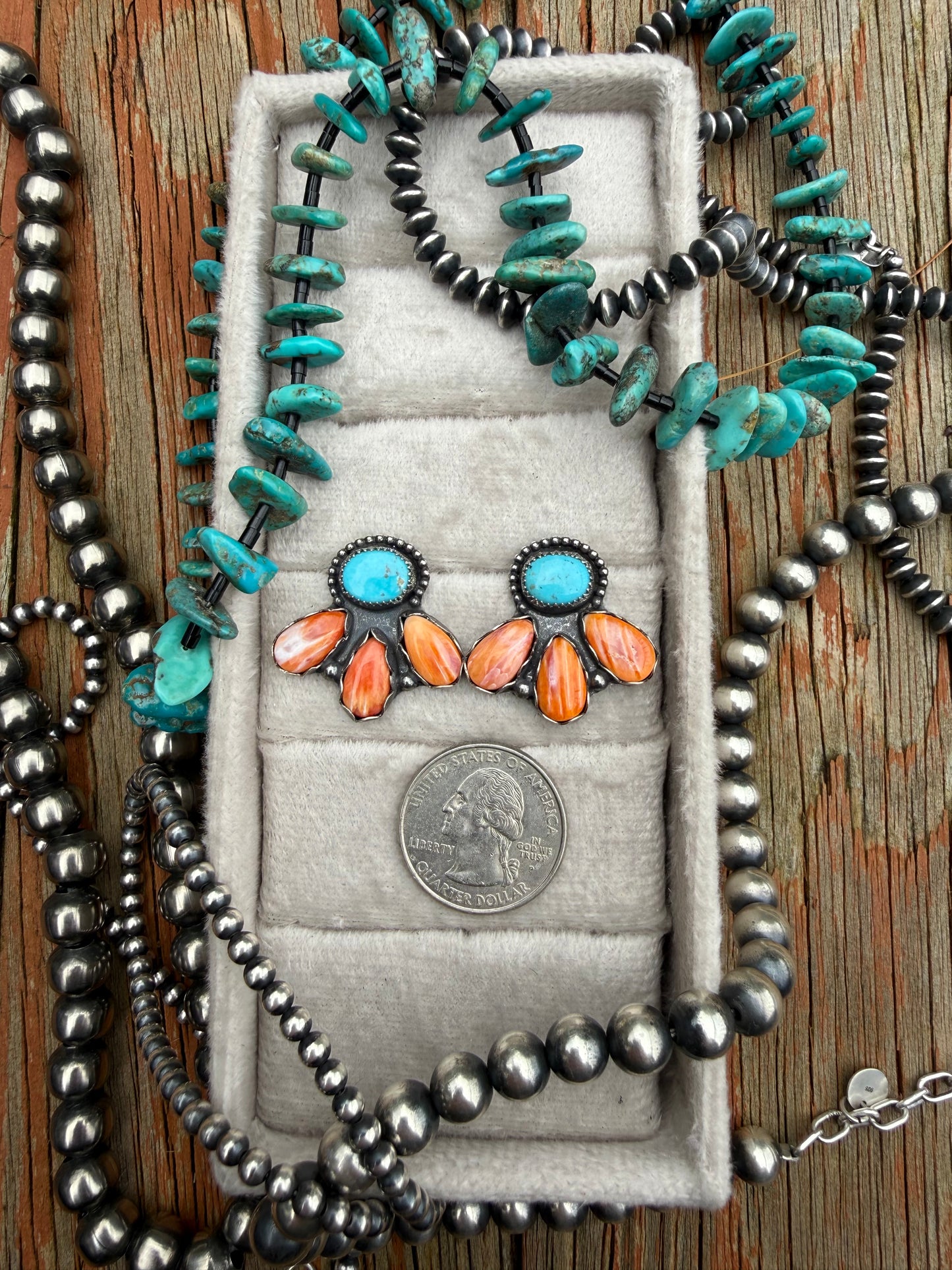 Spiny Oyster & Natural Turquoise Cluster Earrings